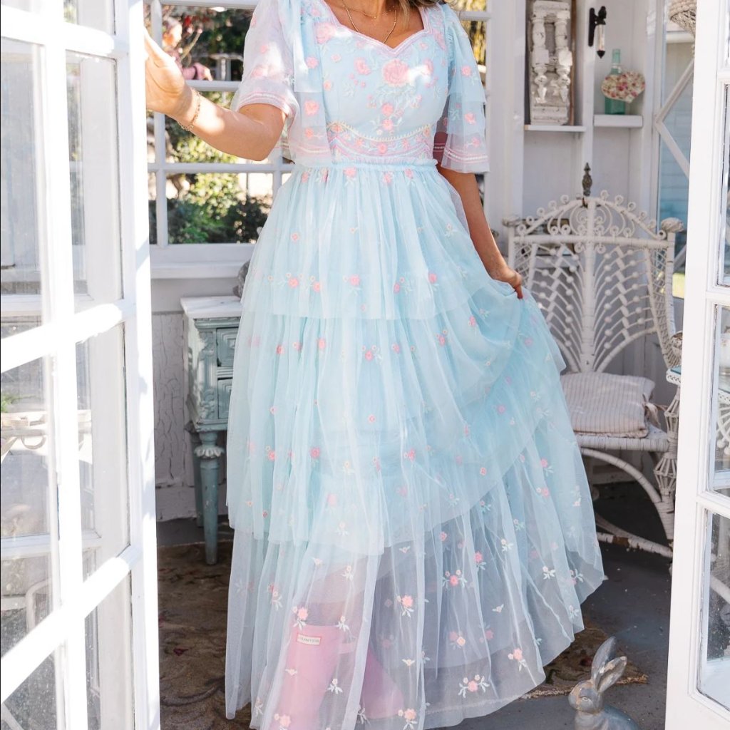 Ivy City Co Blue Embroidered Chantilly Dress